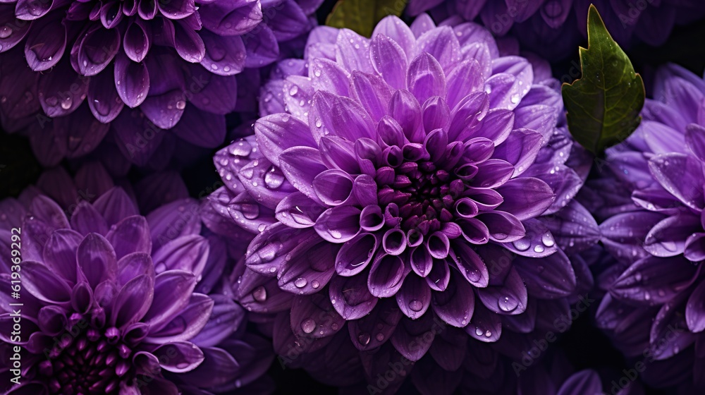 Purple Dahlia flowers with water drops background. Closeup of delicate blossom with glistening dropl