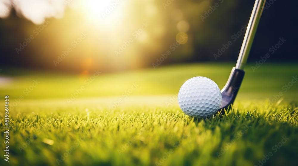 Golf club and golf ball on green grass background. Blurred backdrop. Outdoor sport on a sunny day. G