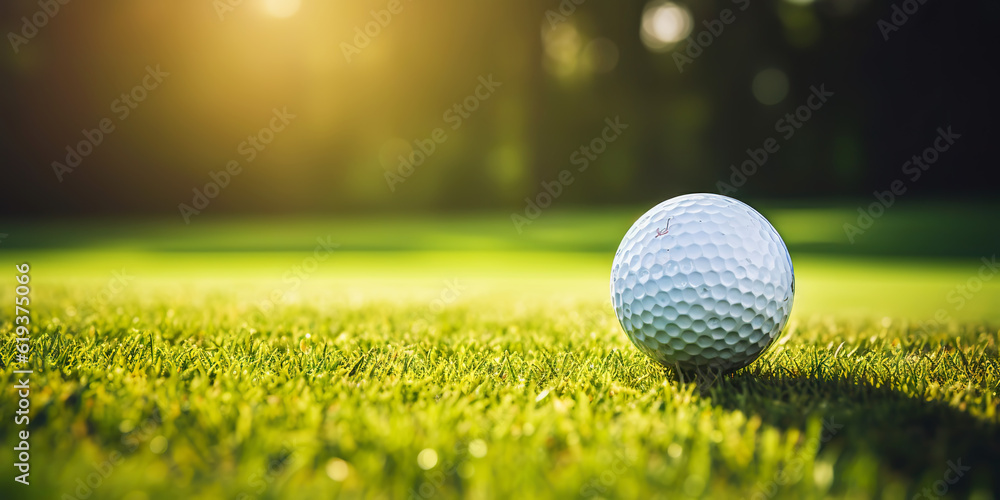 Close-up of golf ball on green grass of golf course, sunny day, blurred backdrop. Generative AI