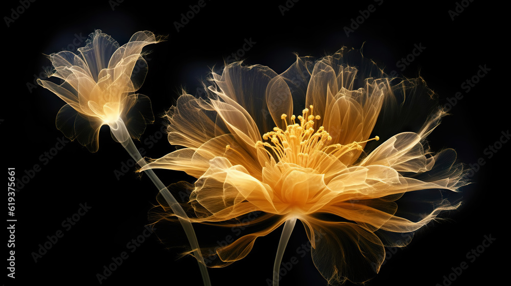 Golden x-ray image of a ethereal flower on black. Fantasy mystical blossom. Generative AI