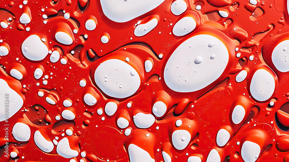 Abstract white paint drops mixed in red oil background. Non-mixing fluids pattern. Generative AI