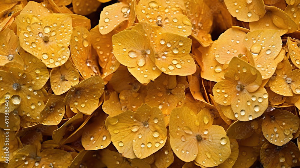 Yellow Hydrangeas flowers with water drops background. Closeup of blossom with glistening droplets. 