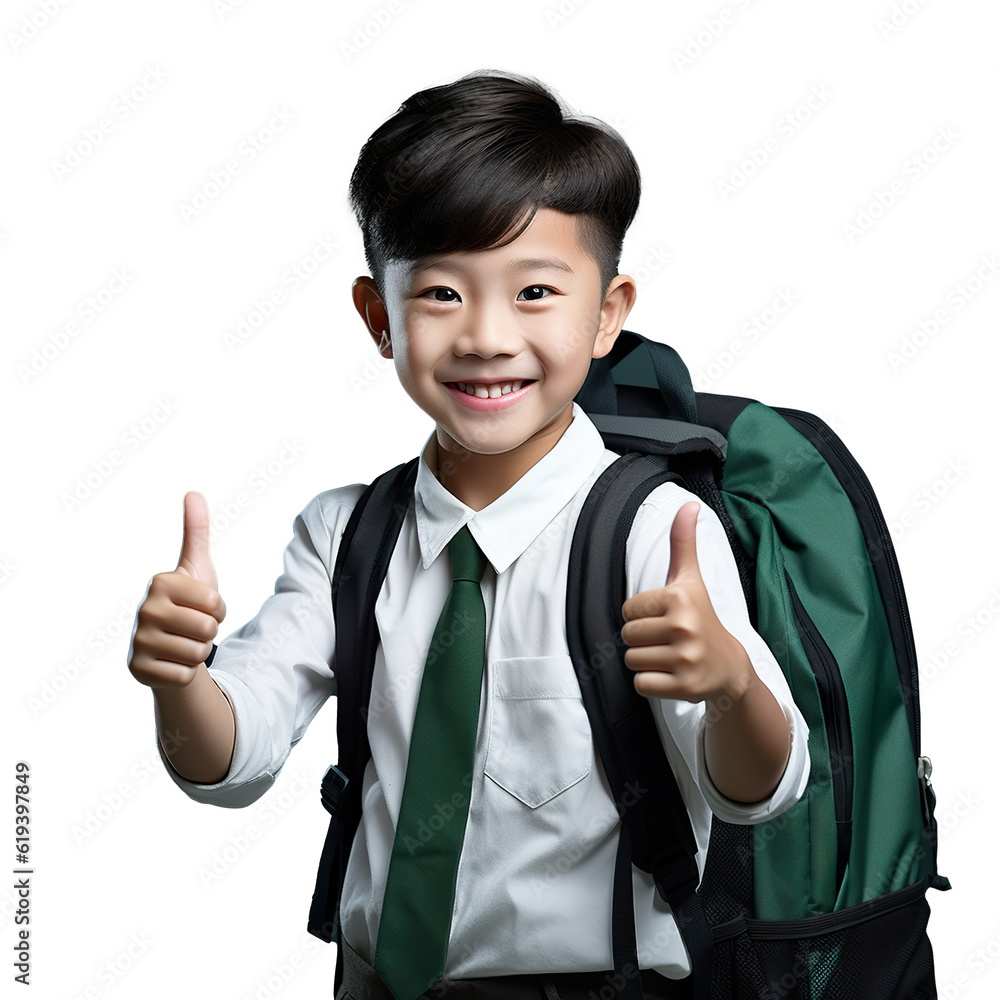 Asian happy student boy show thumb up finger like isolated PNG on a transparent Generative Ai