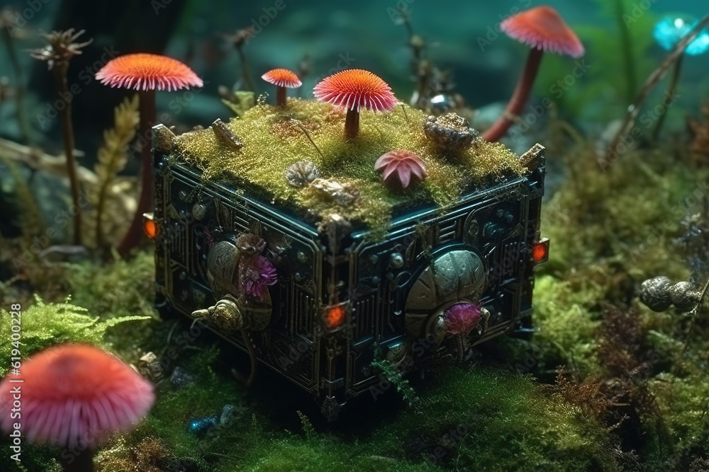 There is a square box on the forest grass, with colorful mushrooms growing.