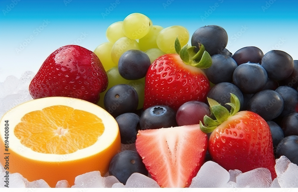 Various fresh fruit combinations on ice cubes