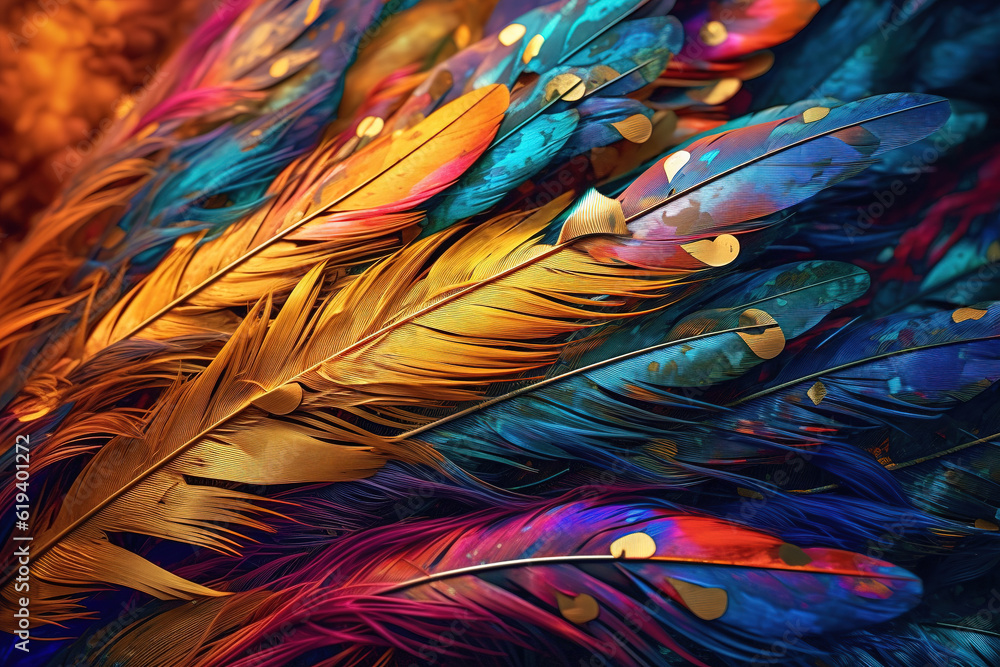 The colorful animal bird feathers in the black background