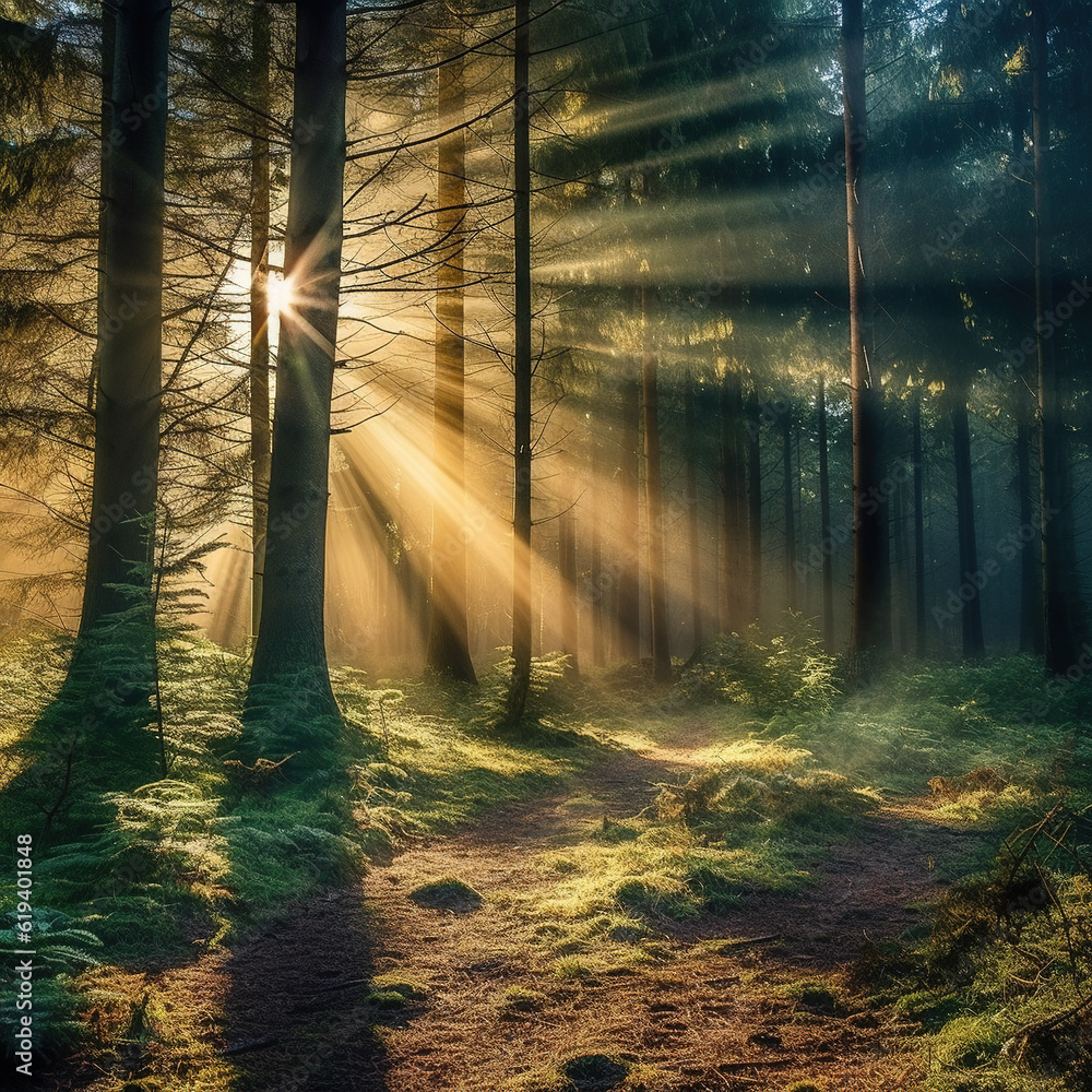 Luminous sun rays falling through the green foliage in a beautiful forest, with timber beside a path