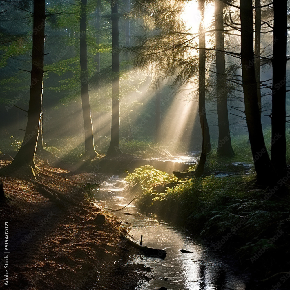 Luminous sun rays falling through the green foliage in a beautiful forest, with timber beside a path