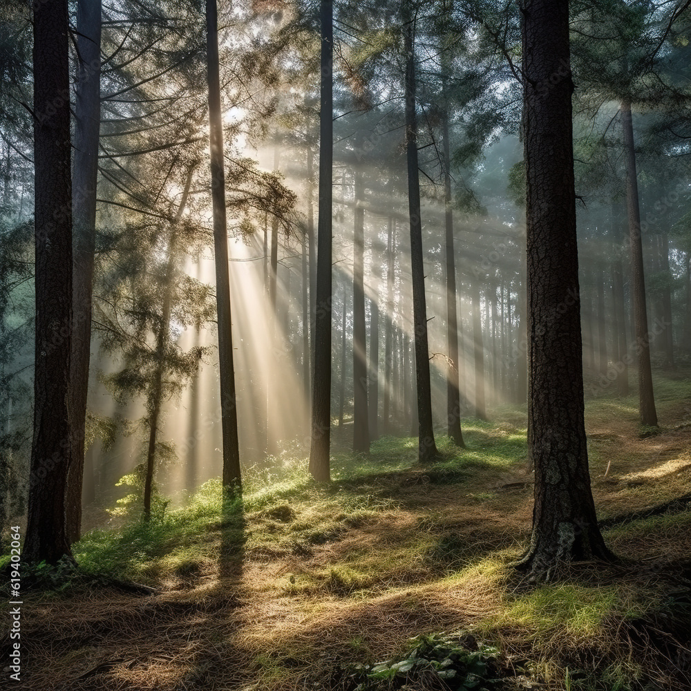 Luminous sun rays falling through the green foliage in a beautiful forest, with timber beside a path