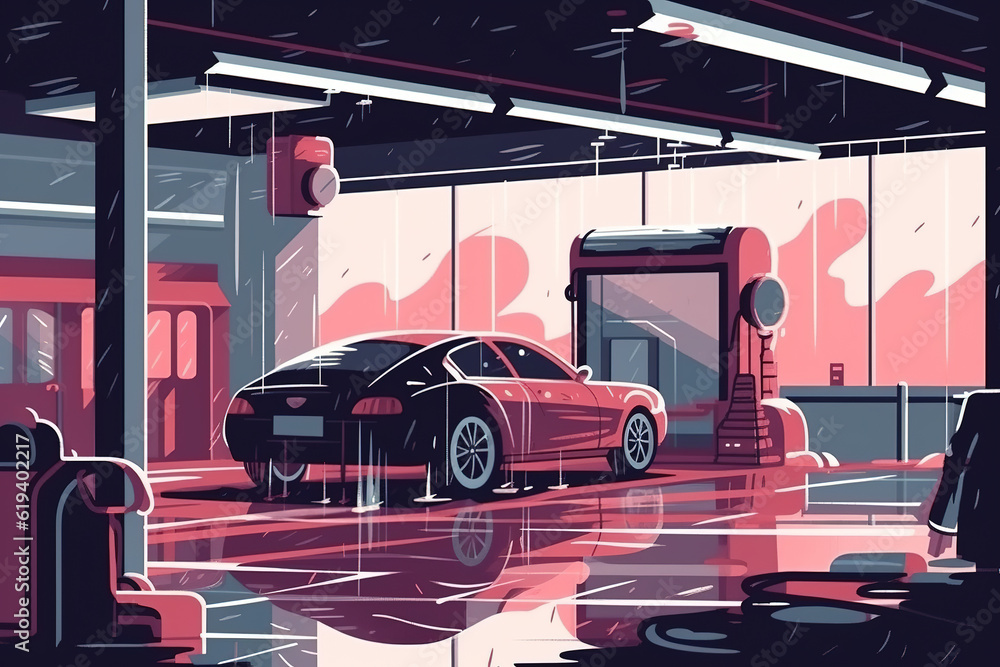 Modern indoor car wash shop interior scene