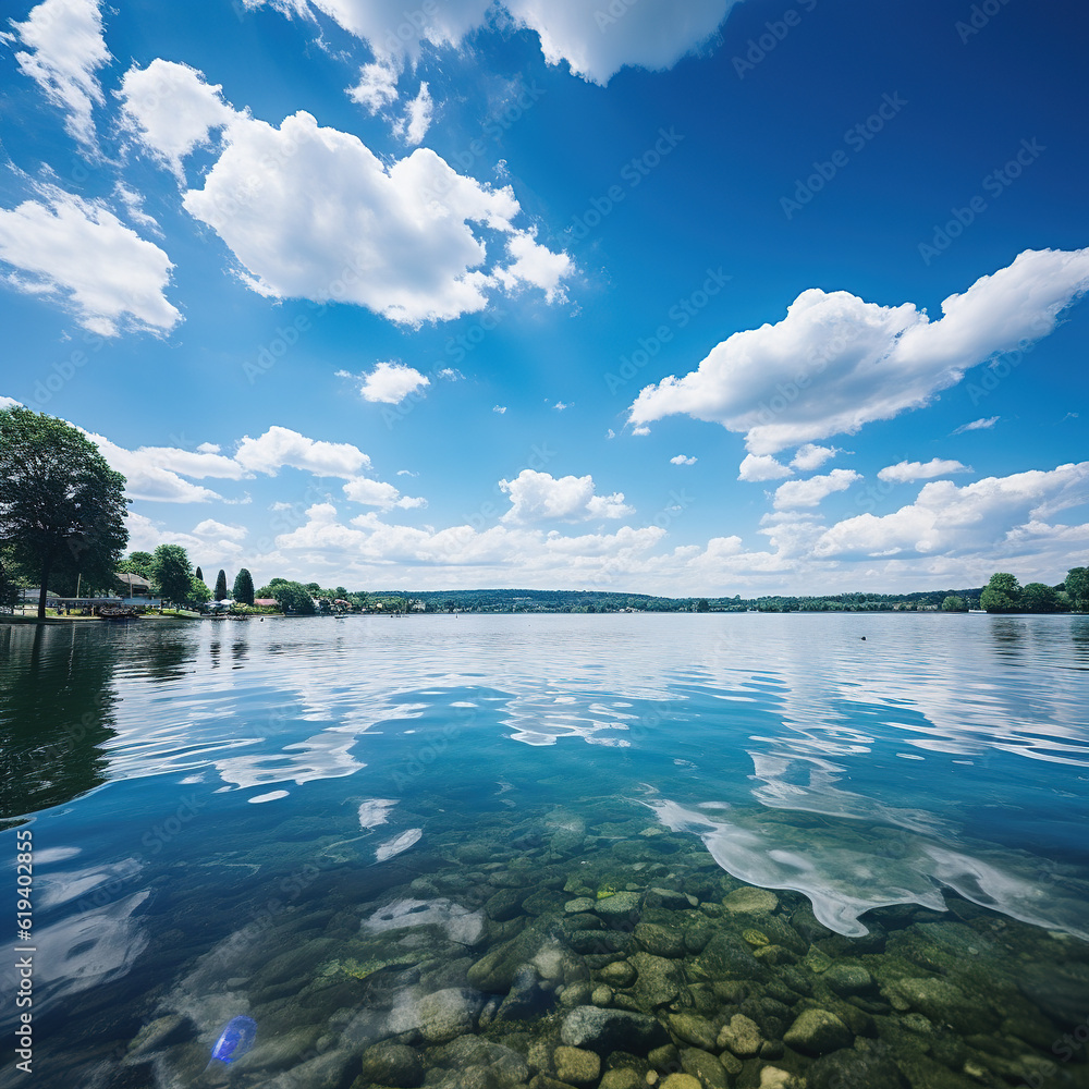 Rural landscape and blue sky and white clouds on the lakeside