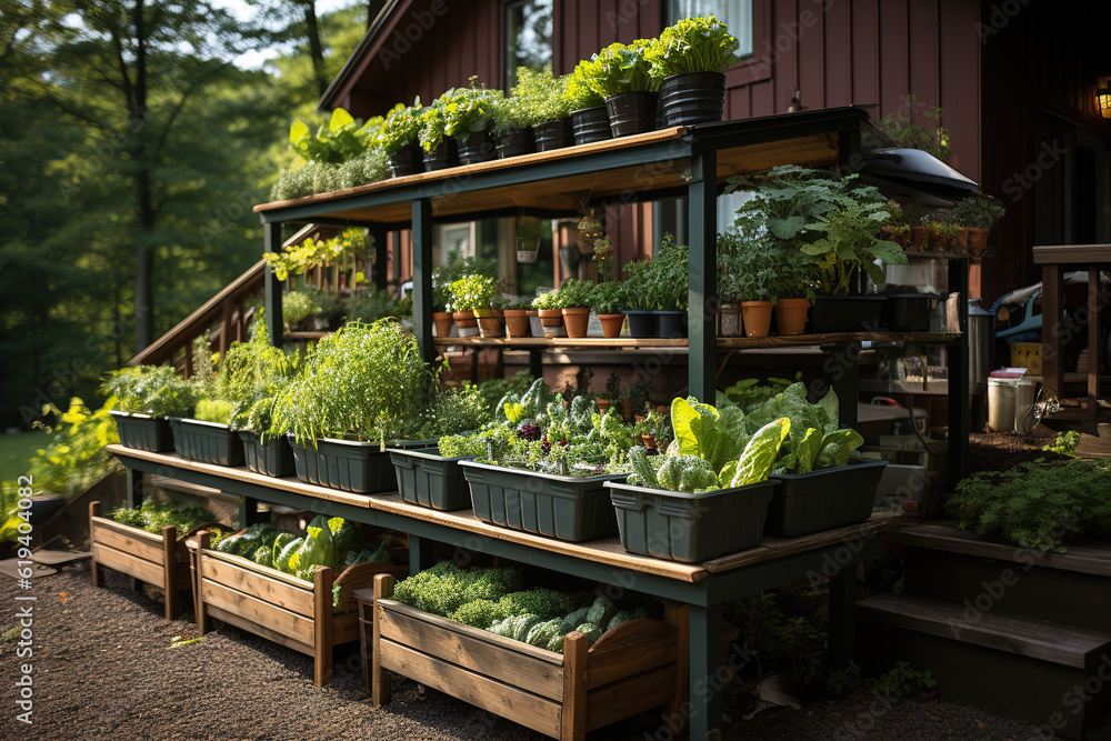 Fresh vegetables are planted next to the wooden house on the farm