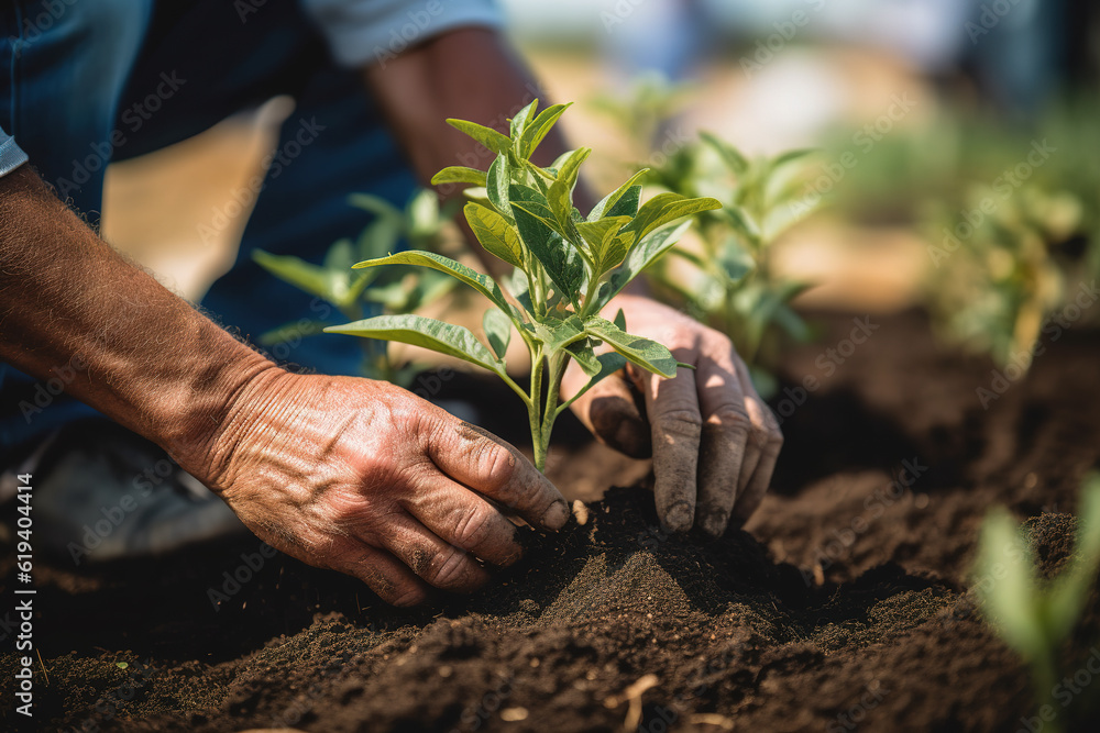 Farm workers plant green tree seedlings on the land