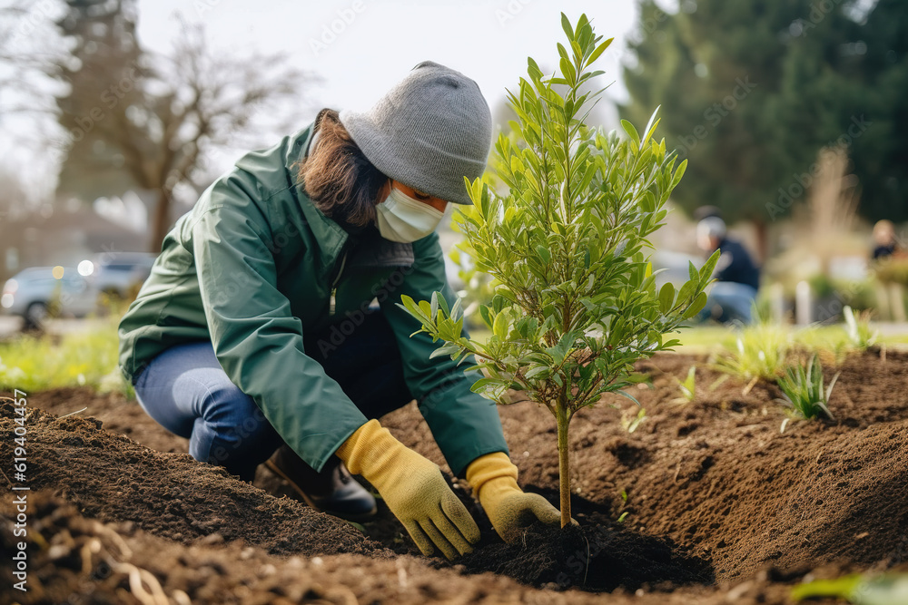 Farm workers plant green tree seedlings on the land