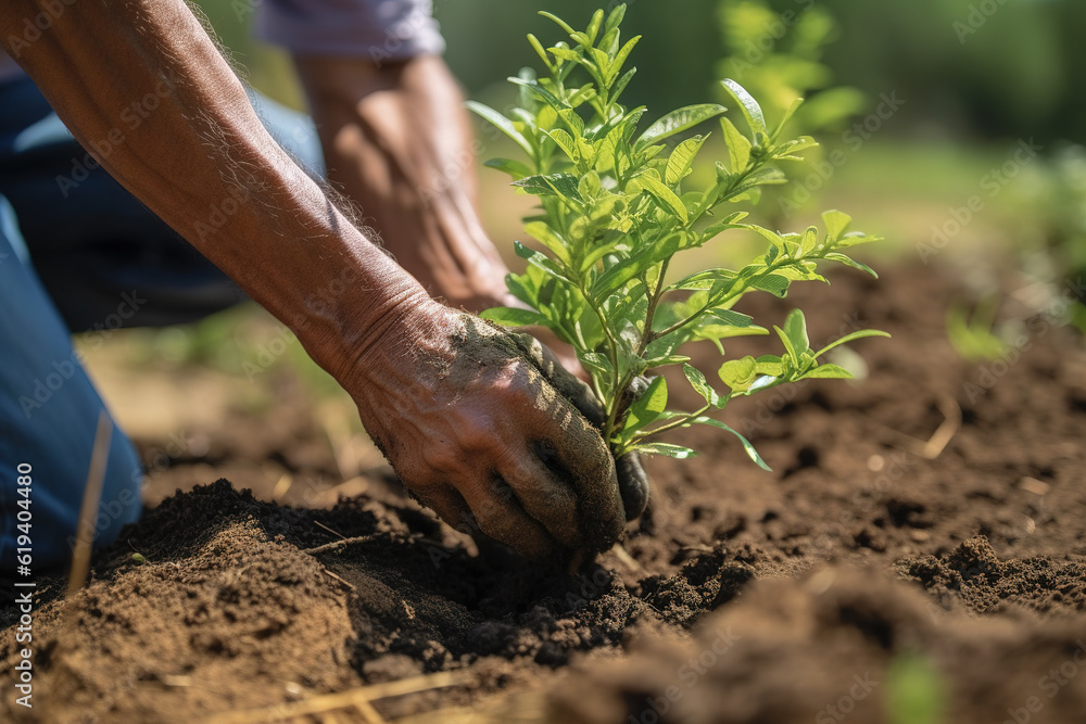 Farm workers plant green tree seedlings on the land