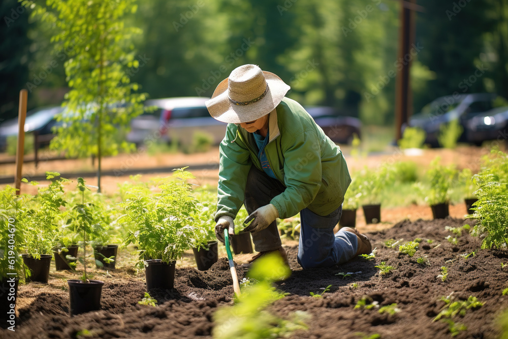 Farm workers plant green tree seedlings on the land