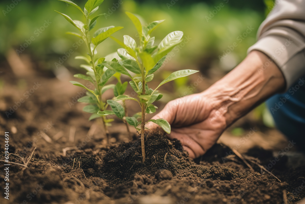 Farm workers plant green tree seedlings on the land