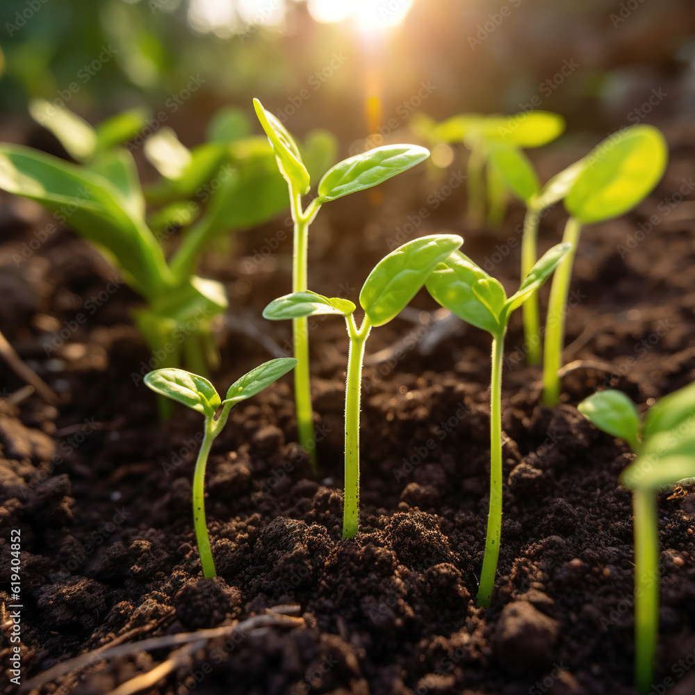 The concepts of plant growth are growing on the fertile soil in nature and morning light.