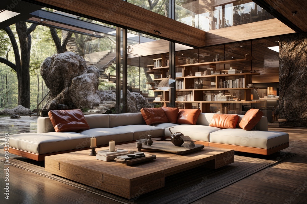 Living room of luxury eco house, parquet floor and wooden roof trusses, Panoramic window with nature