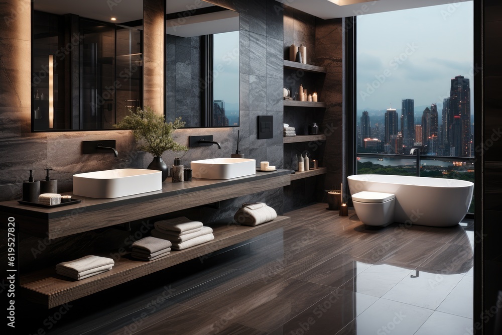 Luxury modern design bathroom, Bathroom interior with double sink and mirror, bathtub, Bathing acces