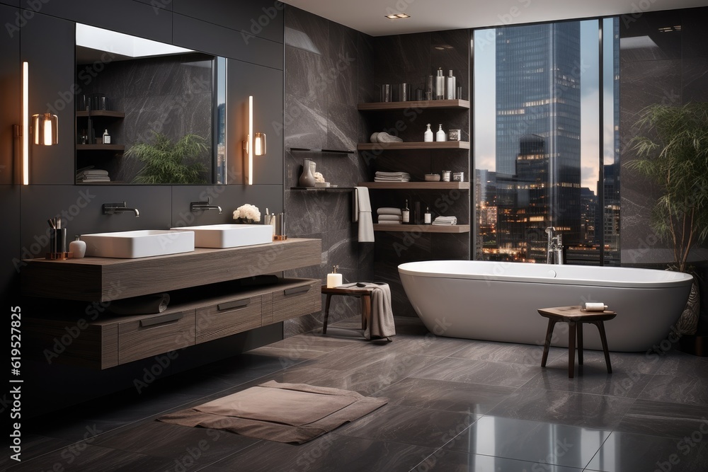 Luxury modern design bathroom, Bathroom interior with double sink and mirror, bathtub, Bathing acces