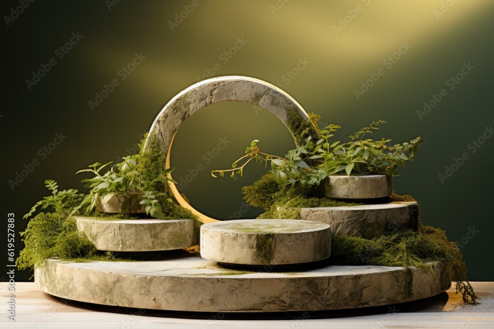 Abstract podium for organic cosmetic products, Stone podium with green moss, Natural style.