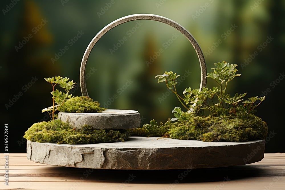 Abstract podium for organic cosmetic products, Stone podium with green moss, Natural style.