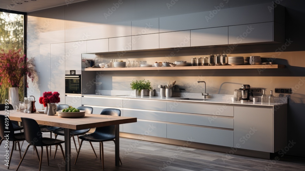 Modern kitchen and smoke exhaust ventilator in a new home.