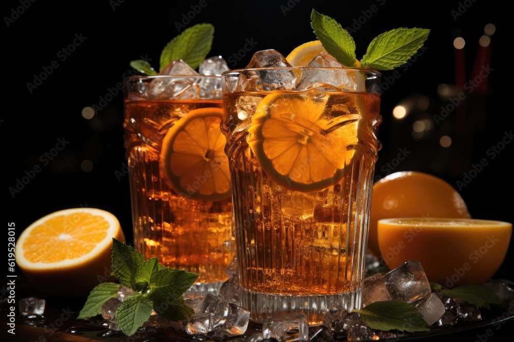 Glass of Aperol Spritz cocktail with ice and orange on a black background, Fresh alcoholic cocktail.