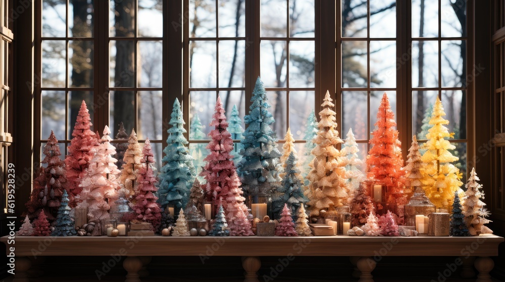 Colourful Christmas trees on the window, Decorated Christmas tree with gifts, Festive interior.