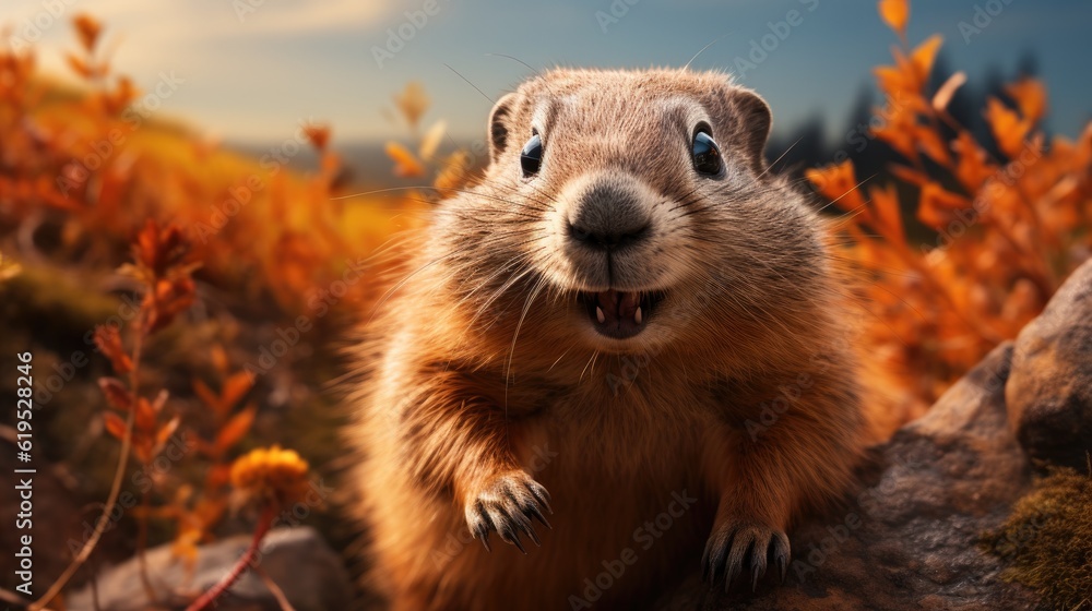 Cute animal Marmot, Marmota, Adorable marmot with curious gaze and furry features.