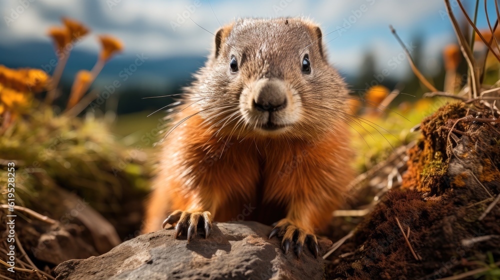 Cute animal Marmot, Marmota, Adorable marmot with curious gaze and furry features.