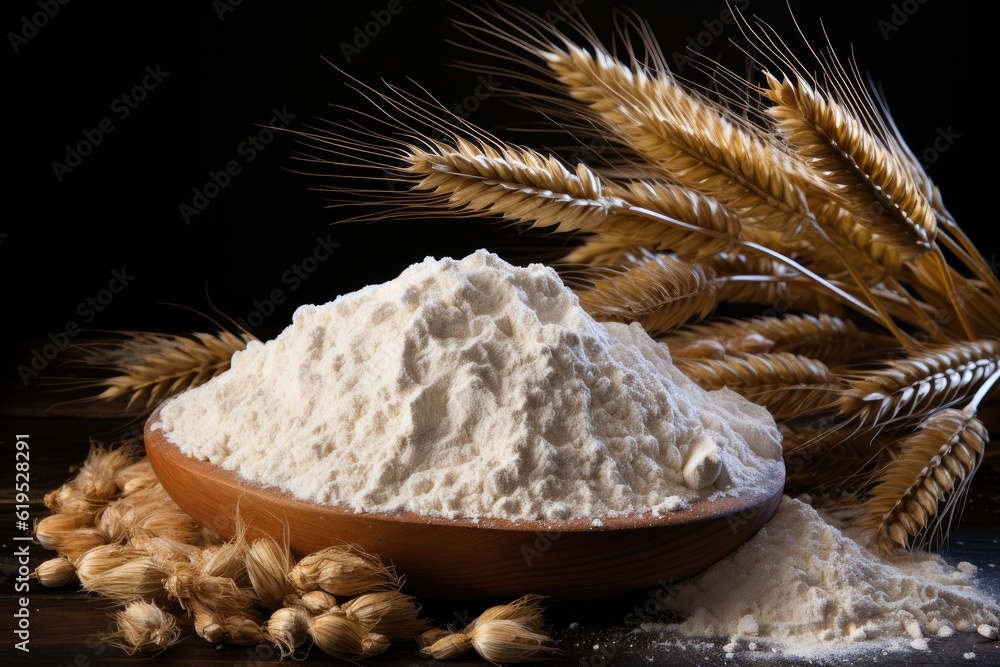 White wheat flour in wooden bowl on white background, Flour and wheat grain.