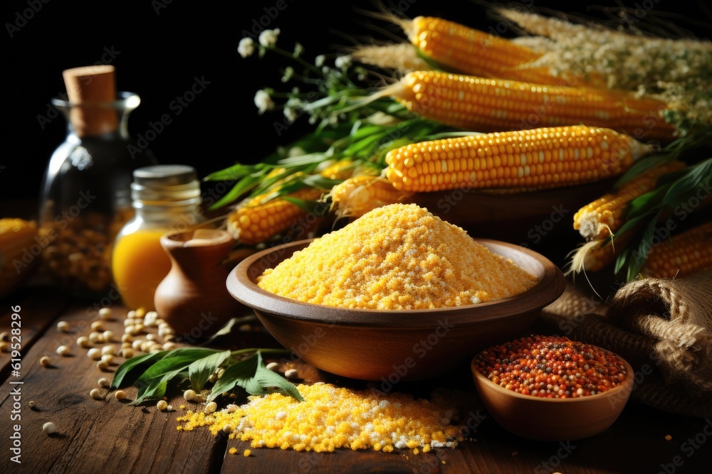 Flour and grits corn, Natural organic corn grits and cobs on the wooden table.