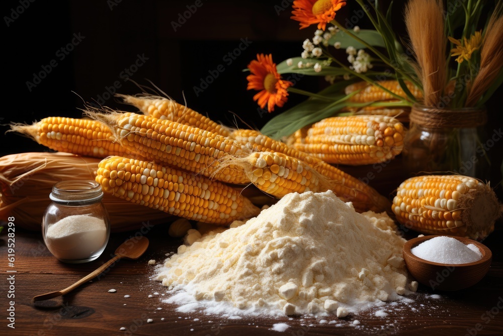 Flour and grits corn, Natural organic corn grits and cobs on the wooden table.