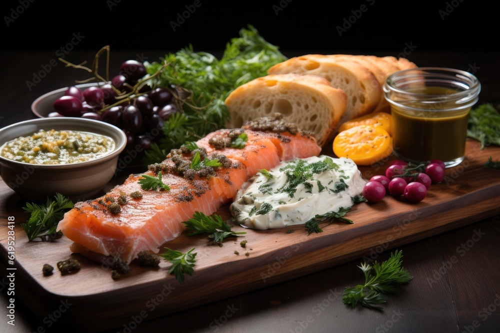 Sandwiches or toasts with salted salmon, Red fish and herbs with bread, Healthy food, breakfast, Die