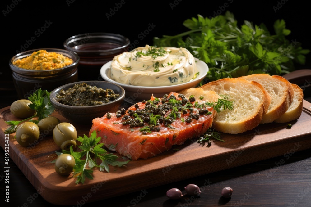 Sandwiches or toasts with salted salmon, Red fish and herbs with bread, Healthy food, breakfast, Die