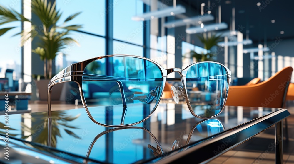 Interior of a modern eyeglasses shop, Various eyeglasses displayed at eyeglass optical shop.