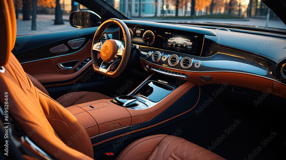 Modern luxury car interior details, Steering wheel, shift lever and dashboard.