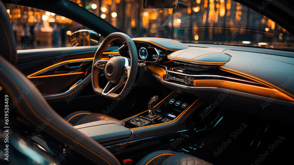 Modern luxury car interior details, Steering wheel, shift lever and dashboard.