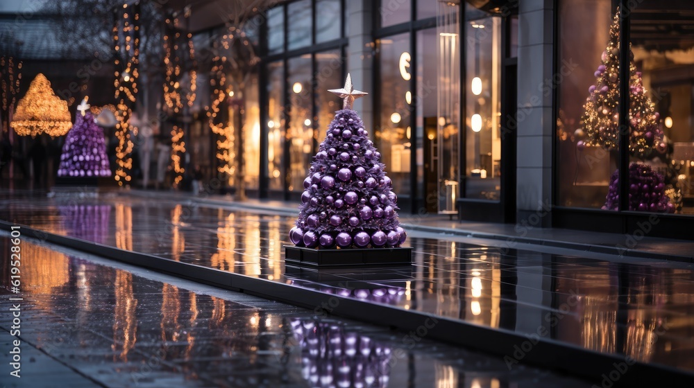 Merry Christmas, Modern purple christmas tree with ornaments and lights in store front or building f