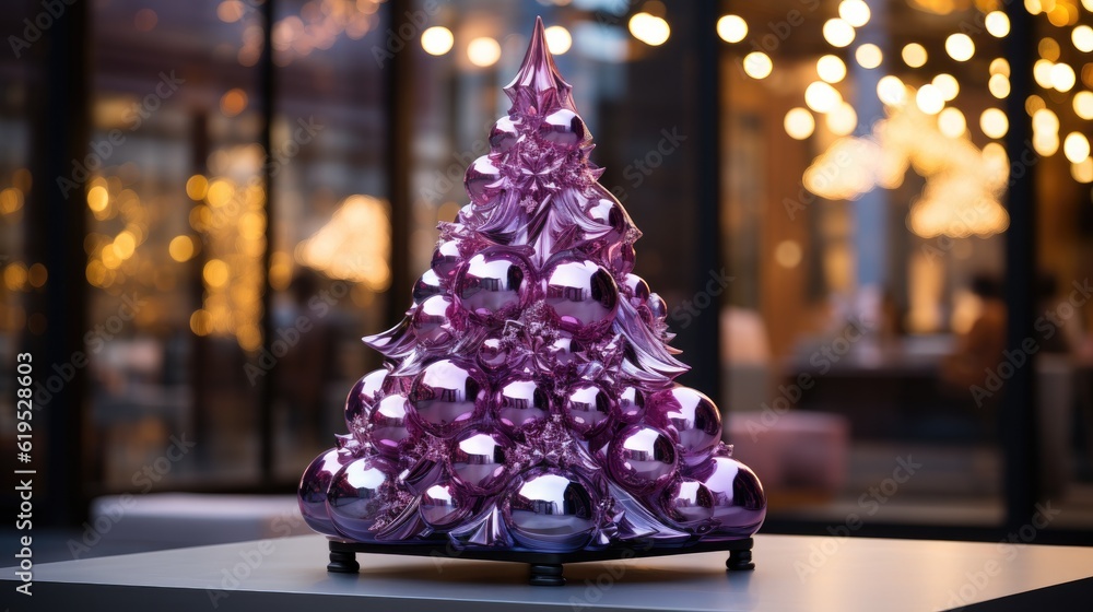 Merry Christmas, Modern purple christmas tree with ornaments and lights in store front or building f