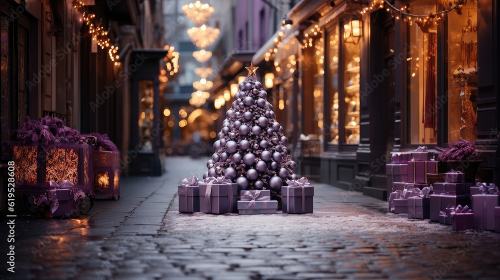 Merry Christmas, Modern purple christmas tree with ornaments and lights in store front or building f