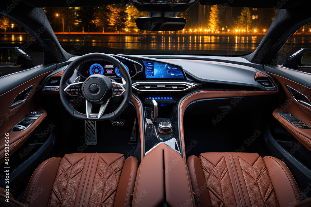 Inside modern car background, luxury car interior elements, Black leather car interior.