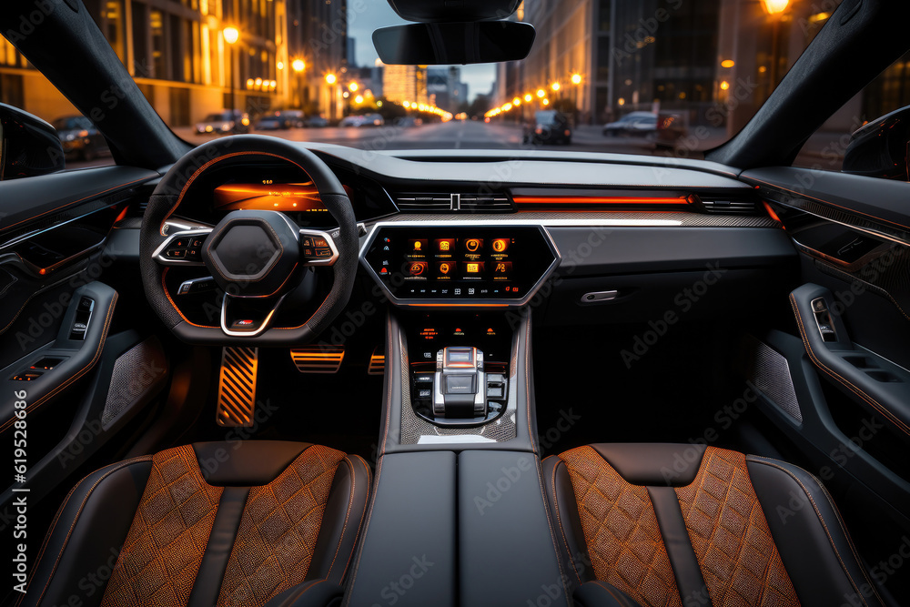 Modern luxury car interior details, Steering wheel, shift lever and dashboard.