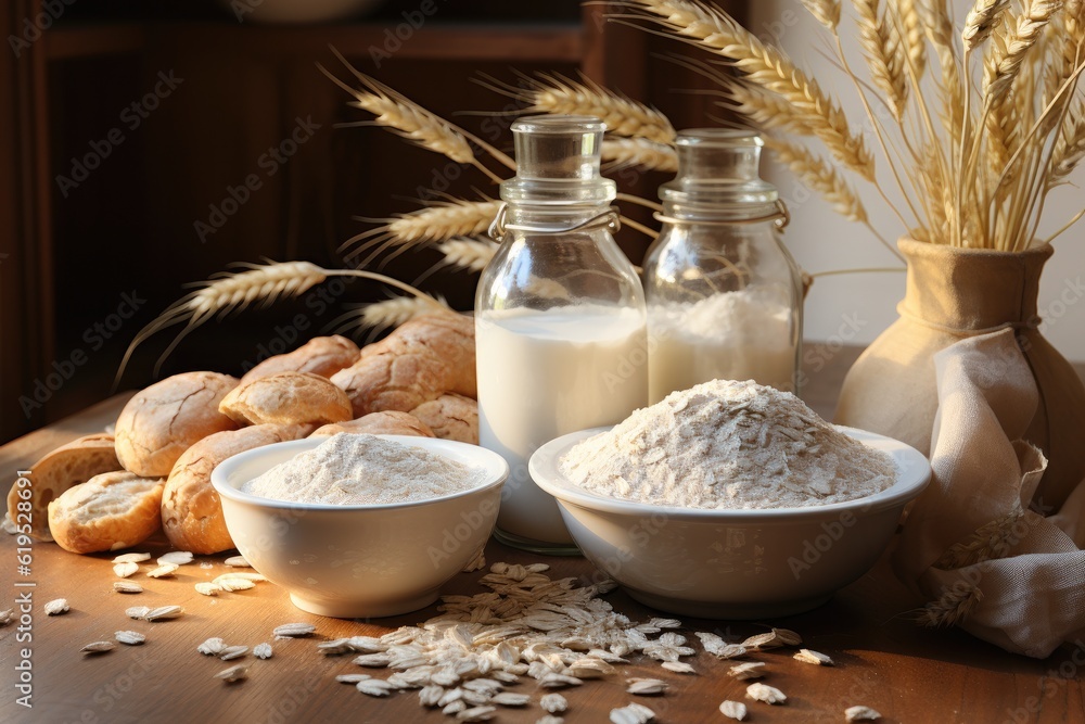 Oat flakes and flour in bowls, Oatmeal milk in a glass jug and ripe oaten stalks against a wooden bo