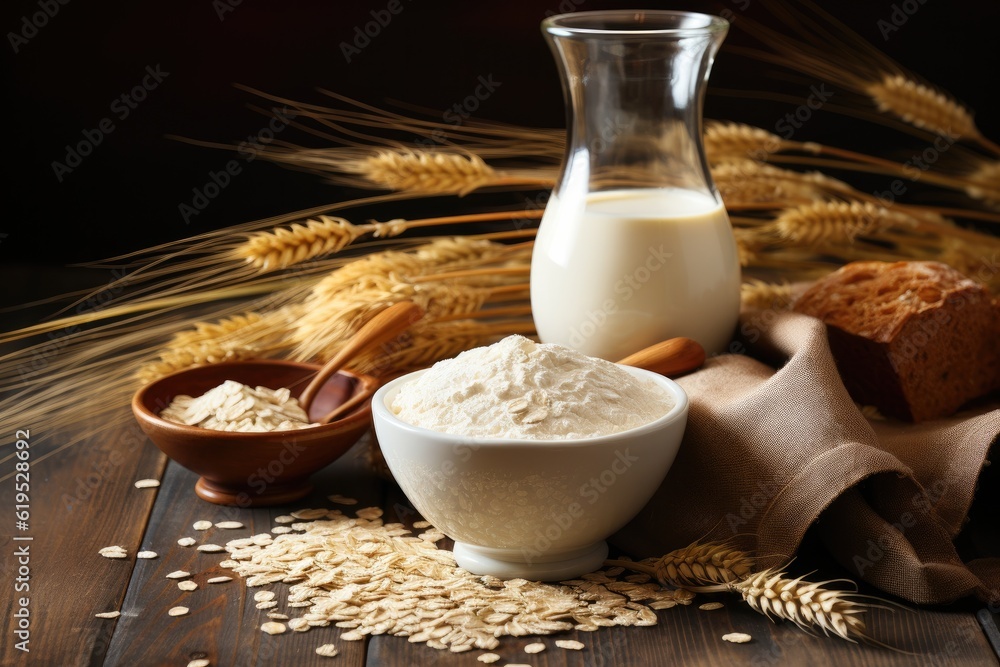 Oat flakes and flour in bowls, Oatmeal milk in a glass jug and ripe oaten stalks against a wooden bo