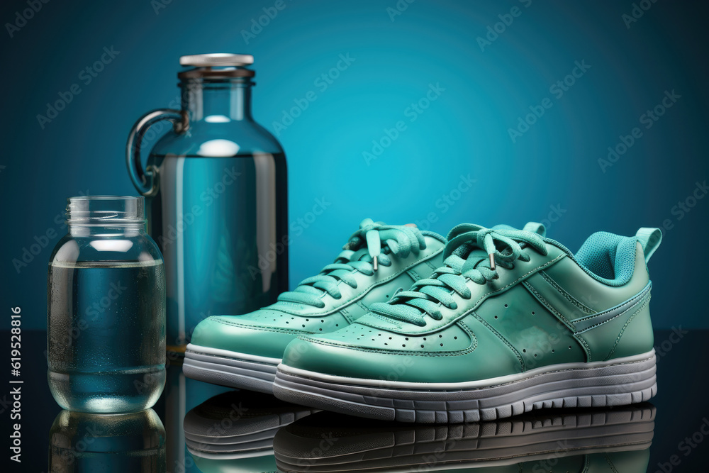 Sneakers and water bottle, Sport, Fitness and healthy lifestyle background, Top view.