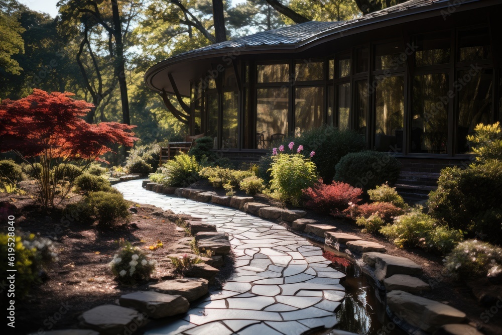 Stone walkway winding in garden at modern home, Design home garden landscaping.