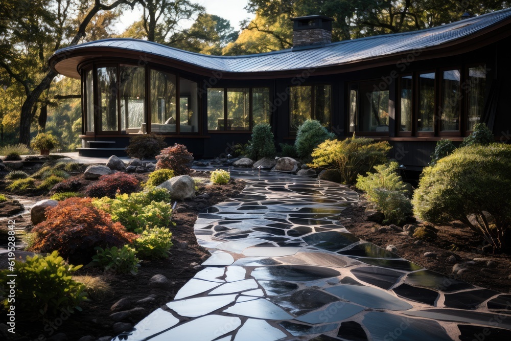 Stone walkway winding in garden at modern home, Design home garden landscaping.